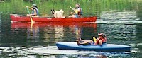 canoe, kayak and dog on river